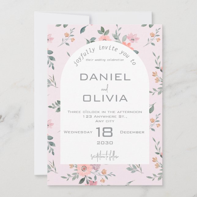 Invitation Mariage floral rose et crème (Devant)