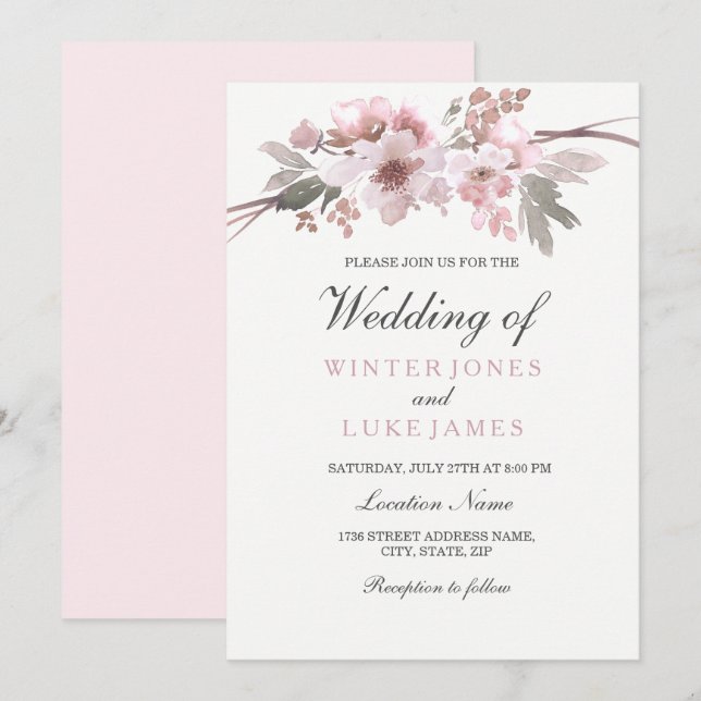 Invitation Mariage floral rose et gris d'hiver (Devant / Derrière)