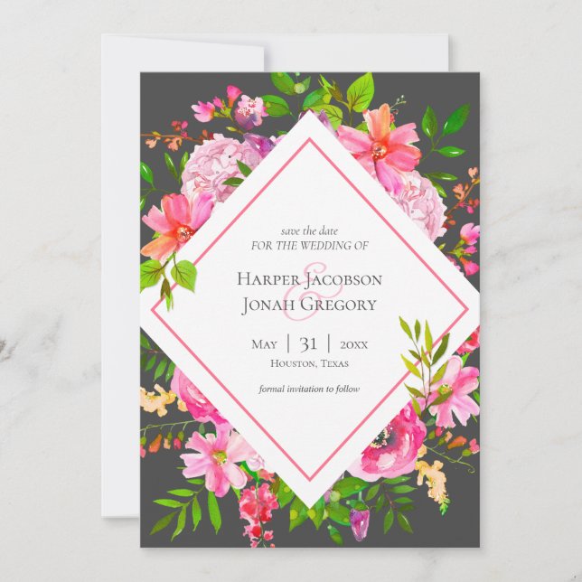 Invitation Mariage floral rose et gris moderne Enregistrer la (Devant)