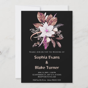 Invitation Mariage floral rose et marron sur fond noir
