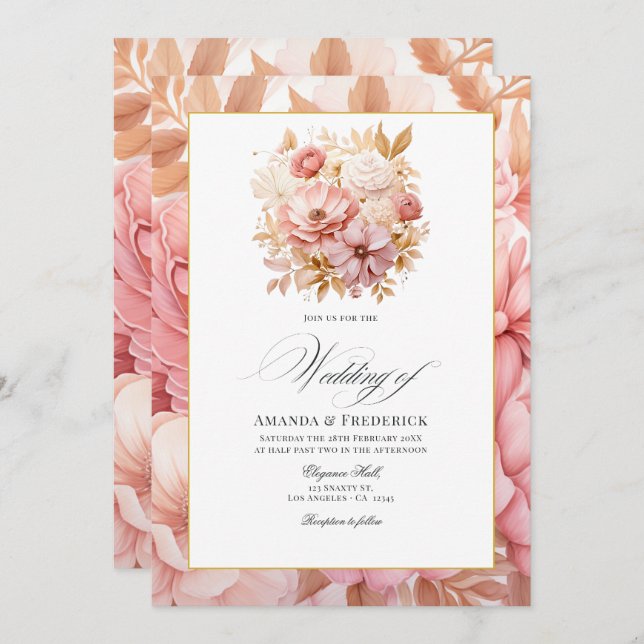 Invitation Mariage floral rose et or (Devant / Derrière)