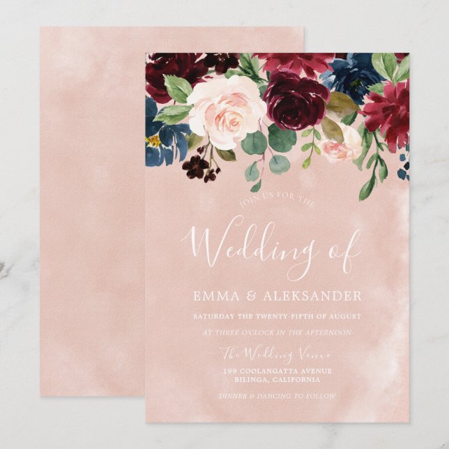 Invitation Mariage floral rose et rouge (Devant / Derrière)