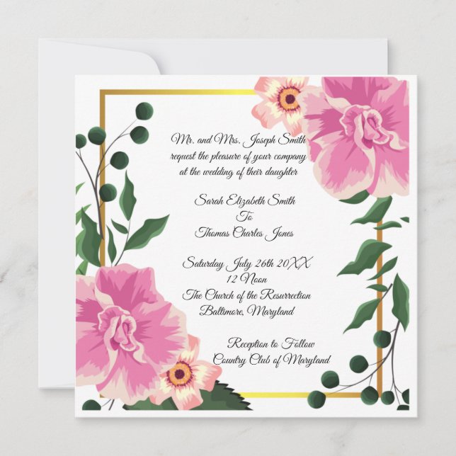 Invitation Mariage Floral Rose et Vert Formulation Formel (Devant)