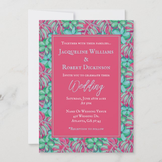 Invitation Mariage floral rose et vert tropical (Devant)