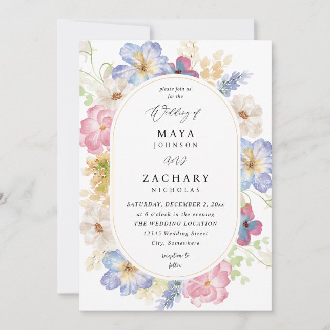 Invitation Mariage Floral rose et violet blanc V-DL (Devant)