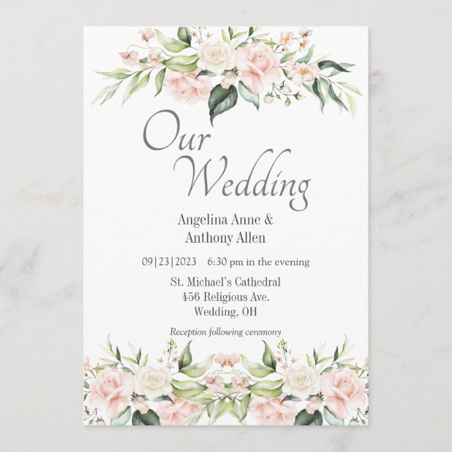 Invitation Mariage floral rose Eucalyptus (Devant)