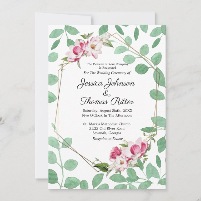 Invitation Mariage floral rose Eucalyptus romantique Cadre Or (Devant)