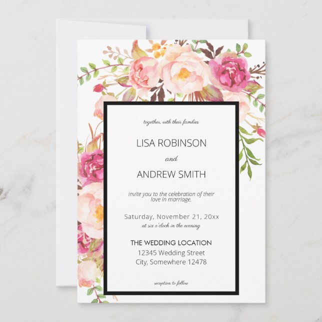 Invitation Mariage floral rose fleuri (Devant)