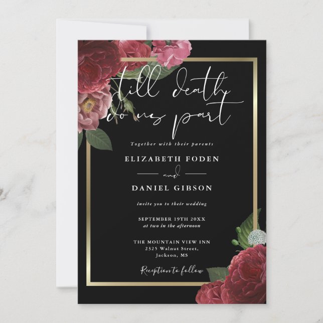 Invitation Mariage Floral Rose Gothique Noir Et Or (Devant)