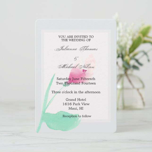Invitation Mariage floral rose gris romantique (Debout devant)