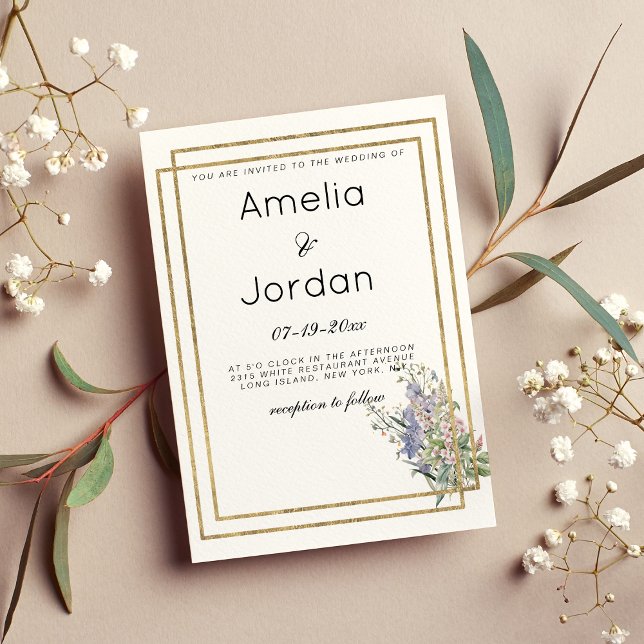 Invitation Mariage floral rose lavande or blanc géométrique (Geometric white gold lavender pink floral Wedding )