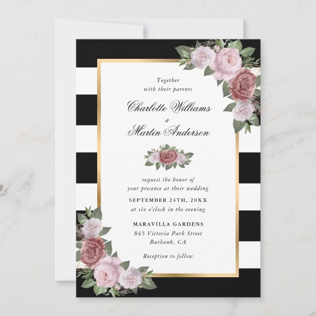 Invitation Mariage floral rose noir et blanc (Devant)