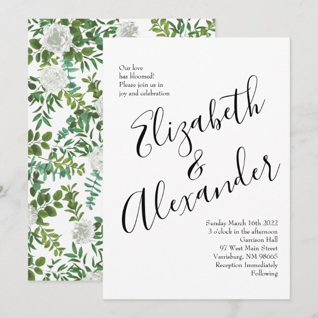 Invitation Mariage floral rose noire et blanche (Devant / Derrière)