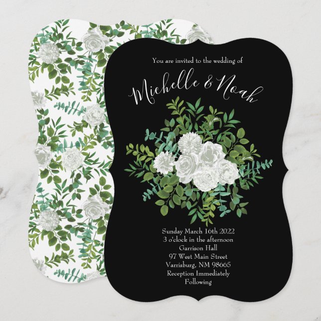 Invitation Mariage floral rose noire et blanche (Devant / Derrière)