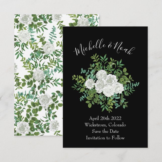 Invitation Mariage floral rose noire et blanche (Devant / Derrière)