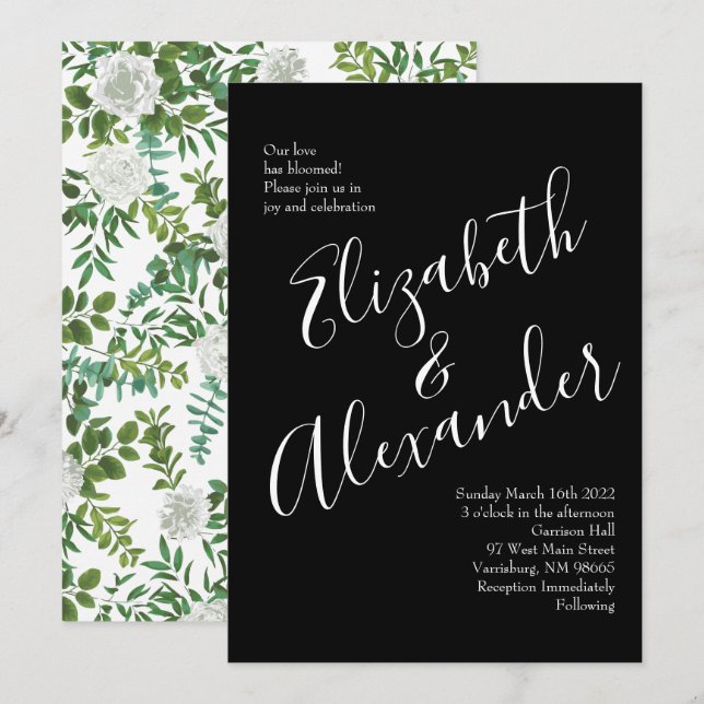 Invitation Mariage floral rose noire et blanche (Devant / Derrière)