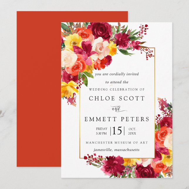 Invitation Mariage floral rose orange bordeaux (Devant / Derrière)