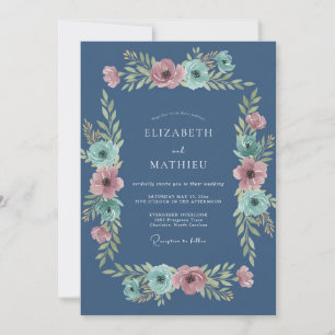 Invitation Mariage Floral Rose Pâle Ardoise Aqua