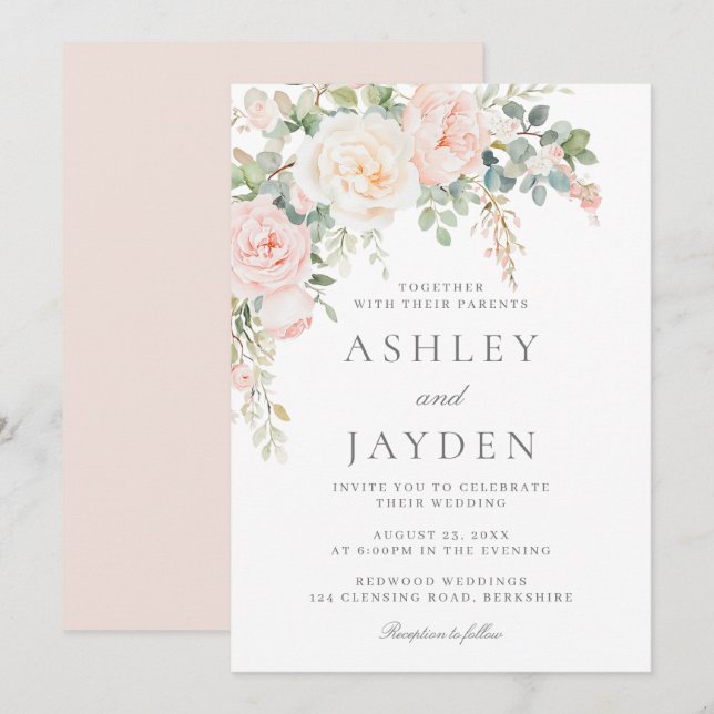 Invitation Mariage floral rose pâle et vert gras (Devant / Derrière)