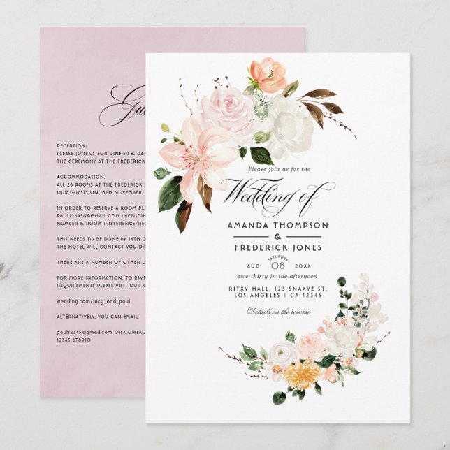 Invitation Mariage floral rose pastel Blush (Devant / Derrière)