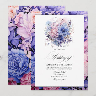 Invitation Mariage floral rose pétale, bleu barbeau et mauve