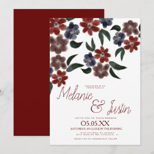 Invitation Mariage Floral Rose Poudré Bleu Bourgogne Aquarell