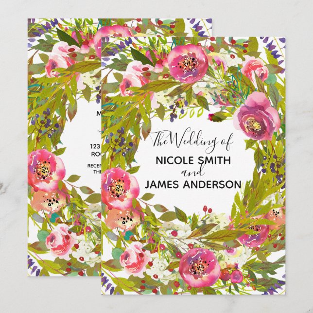 Invitation Mariage Floral Rose Printemps Verdure (Devant / Derrière)