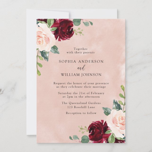 Invitation Mariage floral rose rose-bordeaux rouge Aquarelle (Devant)