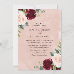 Invitation Mariage floral rose rose-bordeaux rouge Aquarelle