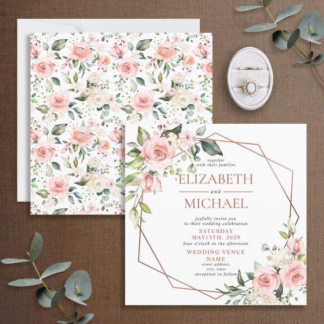 Invitation Mariage floral rose rose carré en cuivre géométriq (Créateur téléchargé)