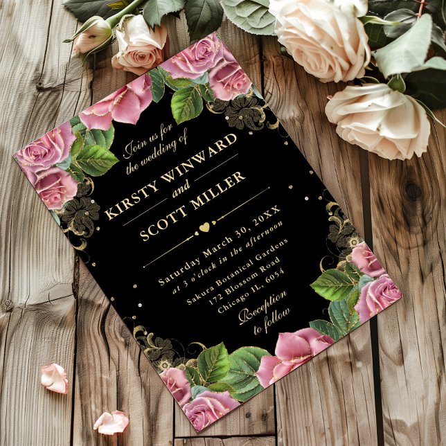 Invitation Mariage Floral Rose rose et or (Créateur téléchargé)