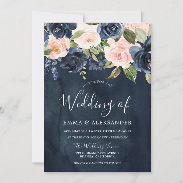 Invitation Mariage floral rose rose pâle de la Marine profond (Devant)