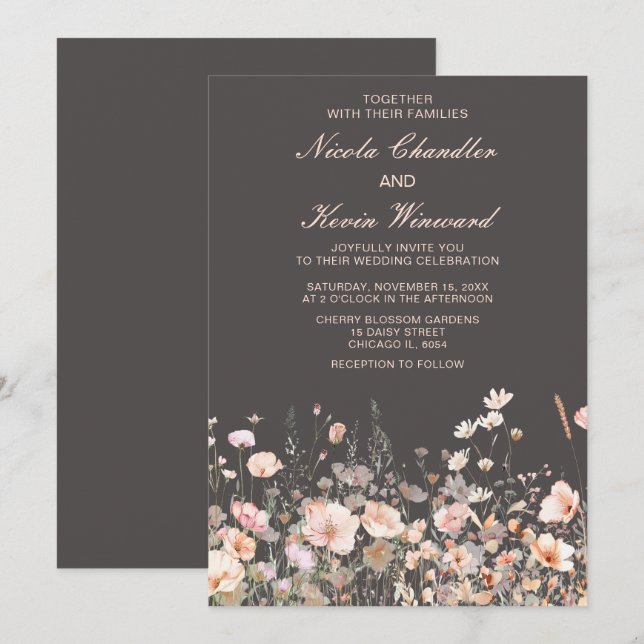 Invitation Mariage floral rose rose rose fleur sauvage (Devant / Derrière)