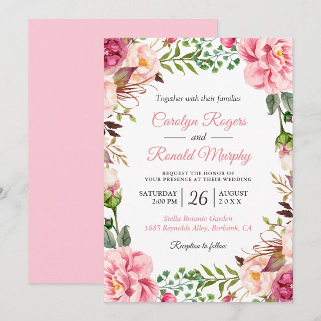 Invitation Mariage floral rose rose vif moderne (Devant / Derrière)