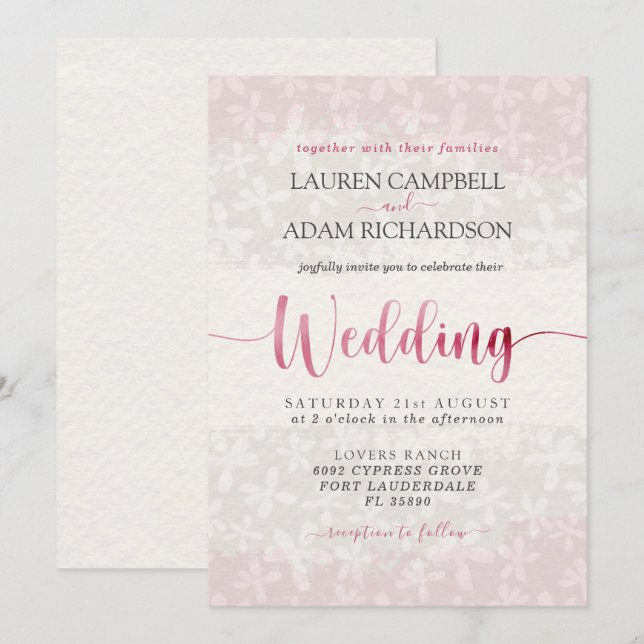 Invitation Mariage floral rose rousse (Devant / Derrière)