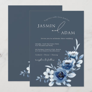 Invitation Mariage Floral Rose Royal Bleu simple