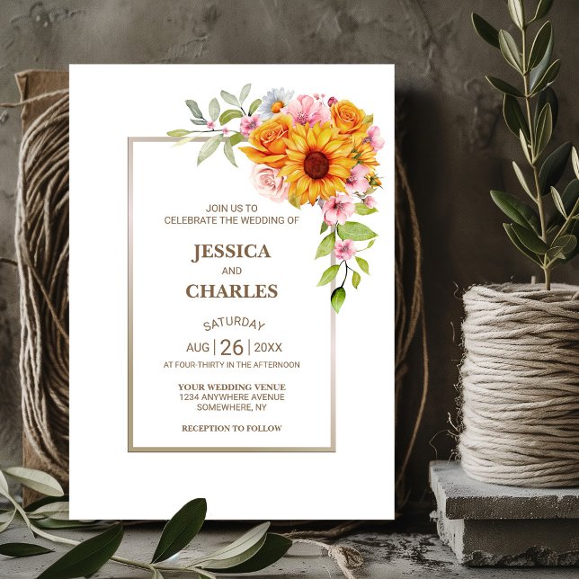 Invitation Mariage floral rose tournesol (Créateur téléchargé)