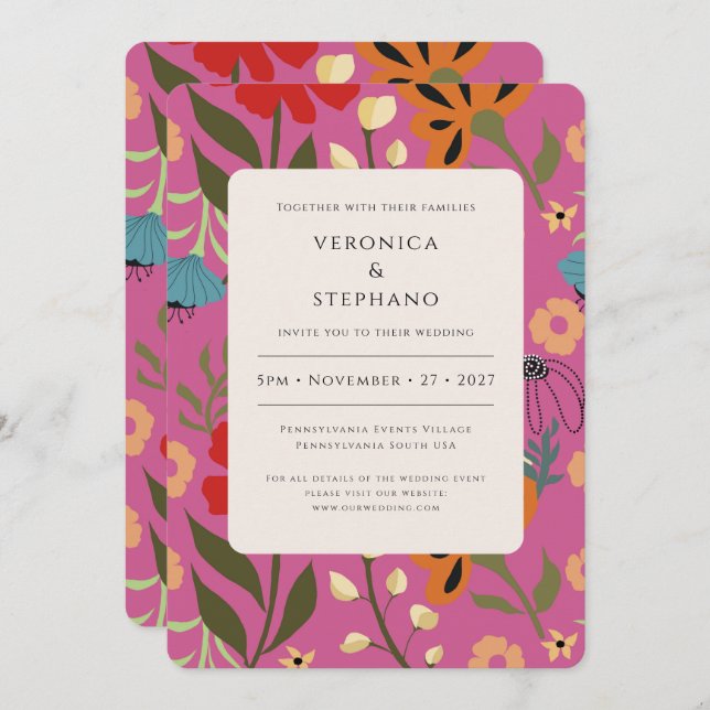 Invitation Mariage floral rose vif (Devant / Derrière)
