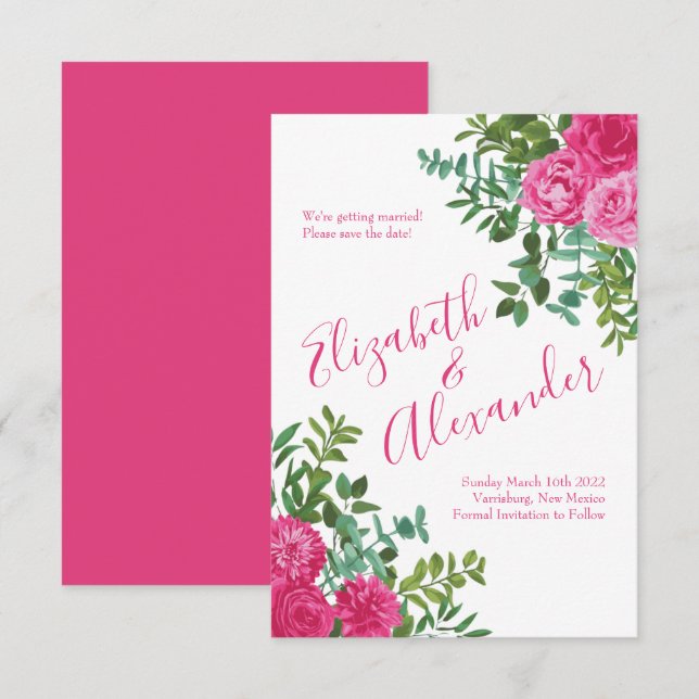 Invitation Mariage floral rose vif Enregistrer la date (Devant / Derrière)