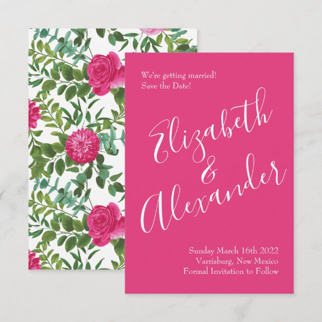 Invitation Mariage floral rose vif Enregistrer la date (Devant / Derrière)