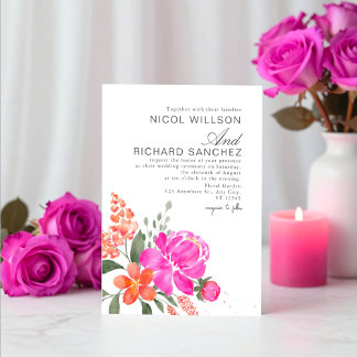 Invitation Mariage floral rose vif et orange