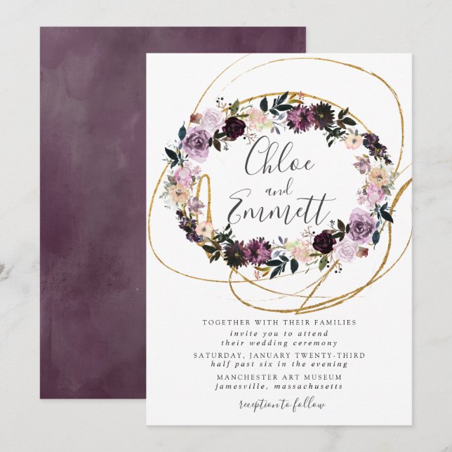Invitation Mariage Floral rose violet en or (Devant / Derrière)