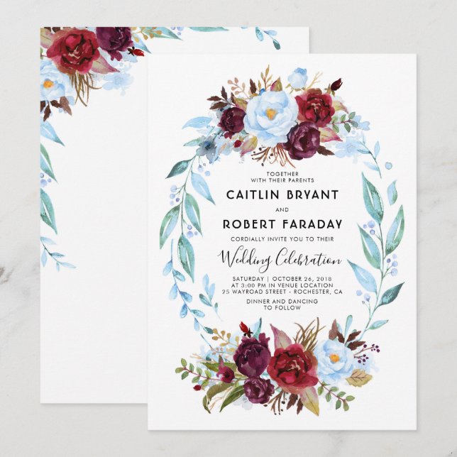 Invitation Mariage floral rouge bordeaux et bleu roux (Devant / Derrière)