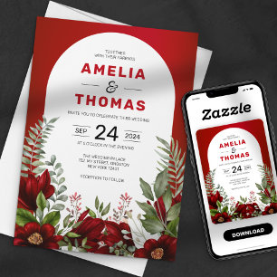 Invitation Mariage Floral Rouge Cramoisi Aquarelle Romantique