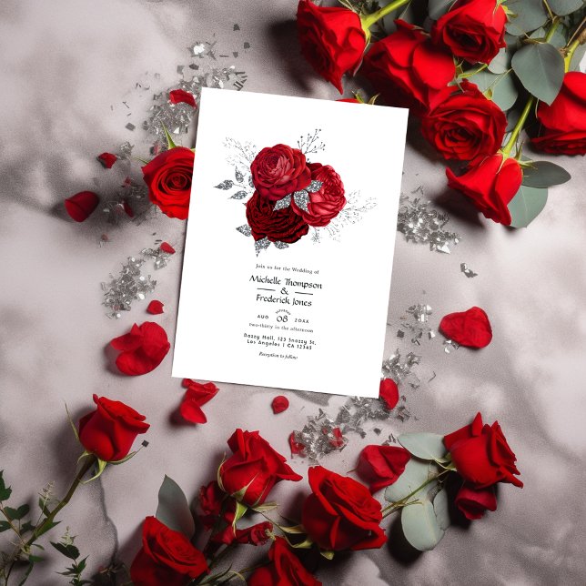 Invitation Mariage floral rouge et argent (Créateur téléchargé)