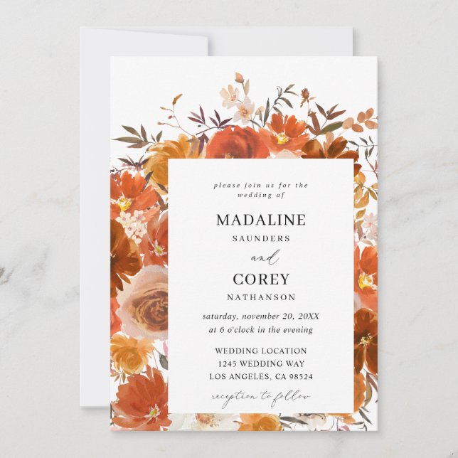 Invitation Mariage floral rouge et orange (Devant)
