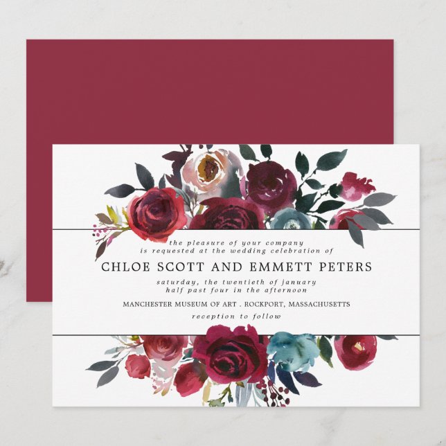Invitation Mariage floral rouge et rose de Bourgogne (Devant / Derrière)