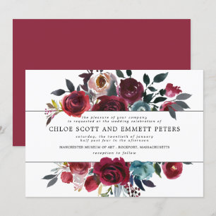 Invitation Mariage floral rouge et rose de Bourgogne