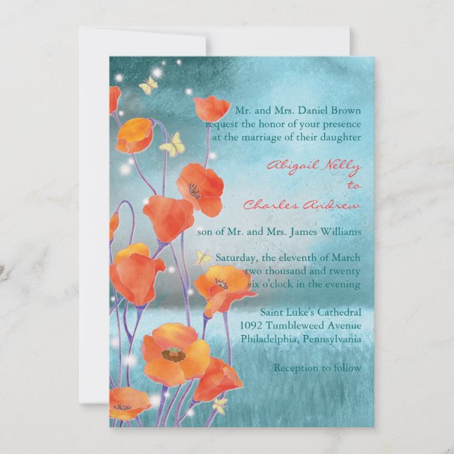 Invitation Mariage floral rouge et turquoise (Devant)