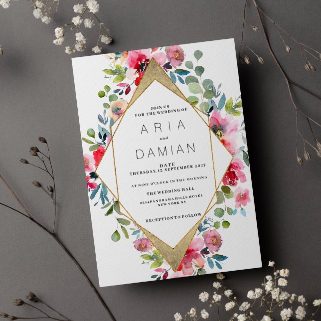 Invitation Mariage floral rouge menthe rose géométrique (Geometric pink mint red gold floral Wedding )